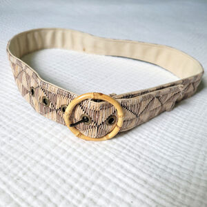 Vintage Womens S* Boho Belt Bamboo Raffia Geometric Woven Pattern Bamboo Buckle